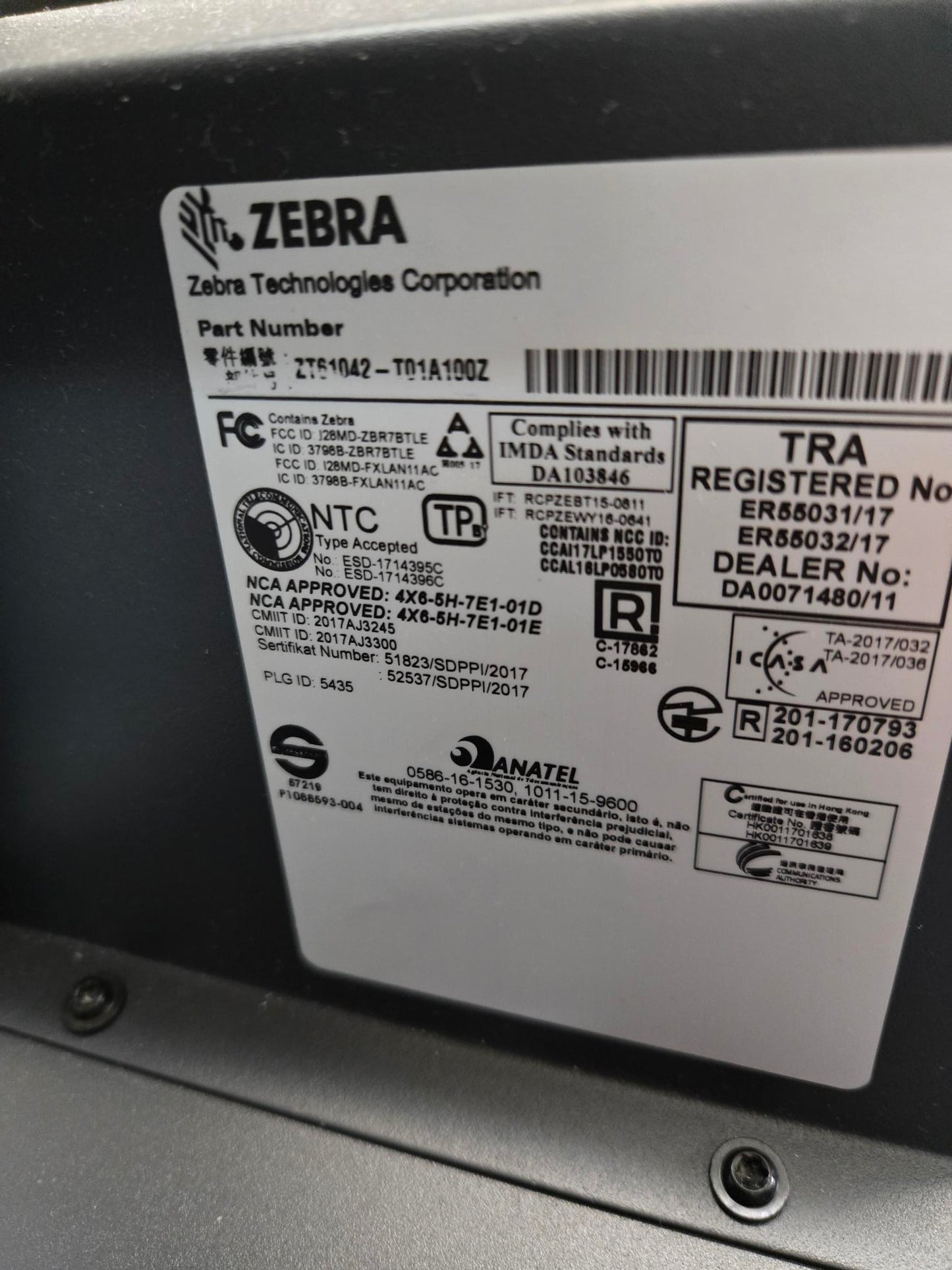 Zebra ZT610 Industrial Printer (P/N: ZT61042-T01A100Z